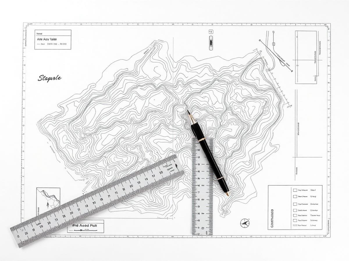 Plano topografico con curvas de nivel, regla y portaminas