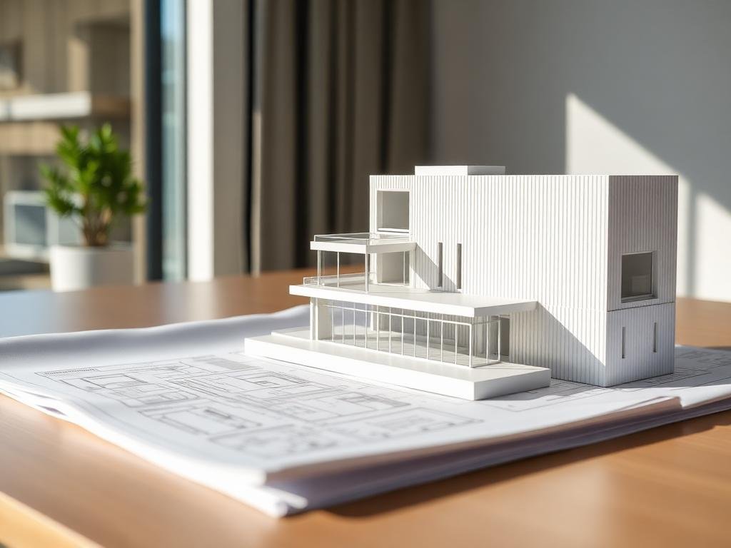 Maqueta arquitectonica sobre planos tecnicos