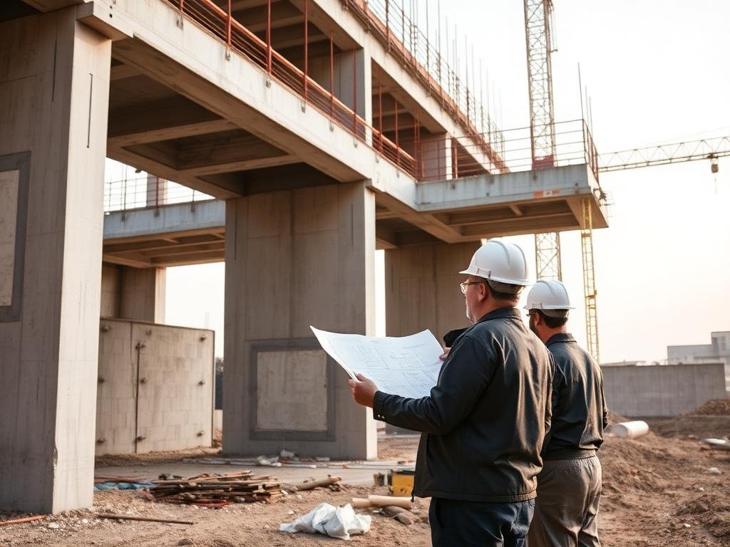 Profesionales revisando planos en obra civil