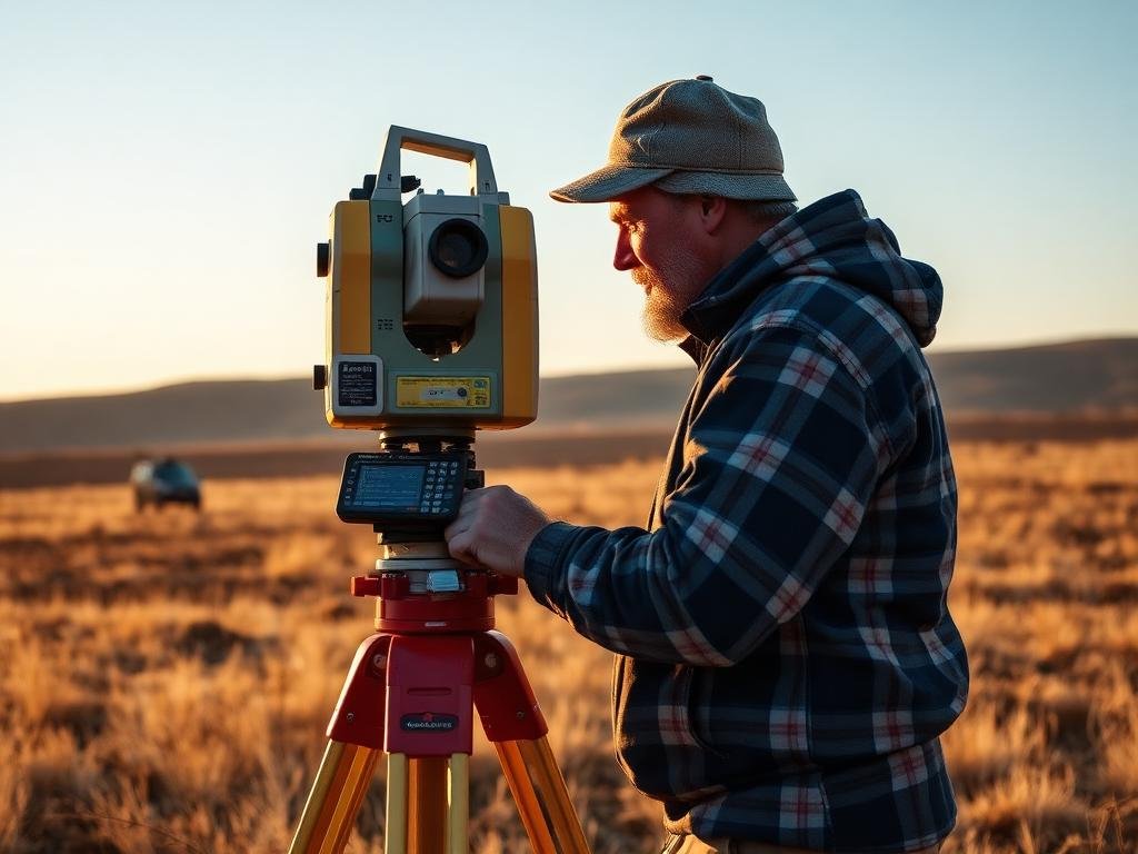 Topografo midiendo con estacion total en campo